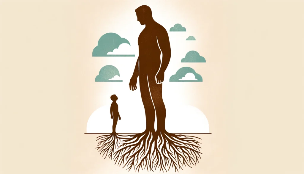 A smaller person standing up for themselves with roots into the ground next to an assertive larger person.