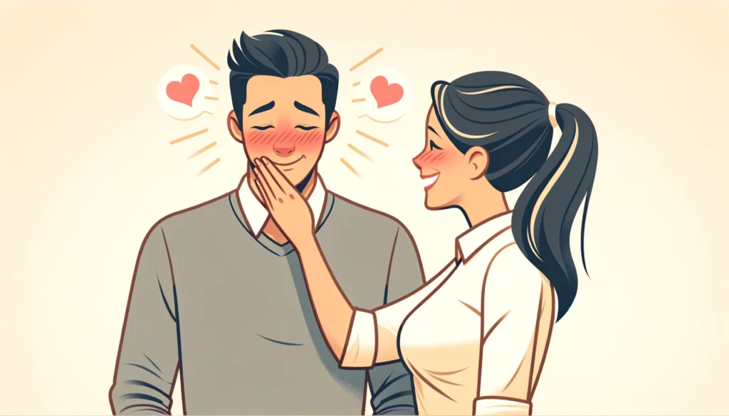 A man blushing from a woman's compliment as she learns how to give compliments