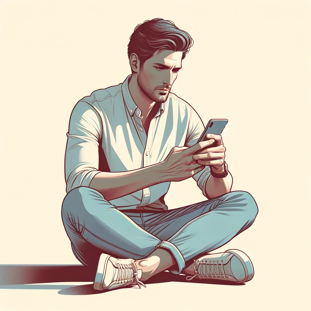 A man sitting crossed legged on the ground looking at Tinder and feeling the apps' effect on his self esteem