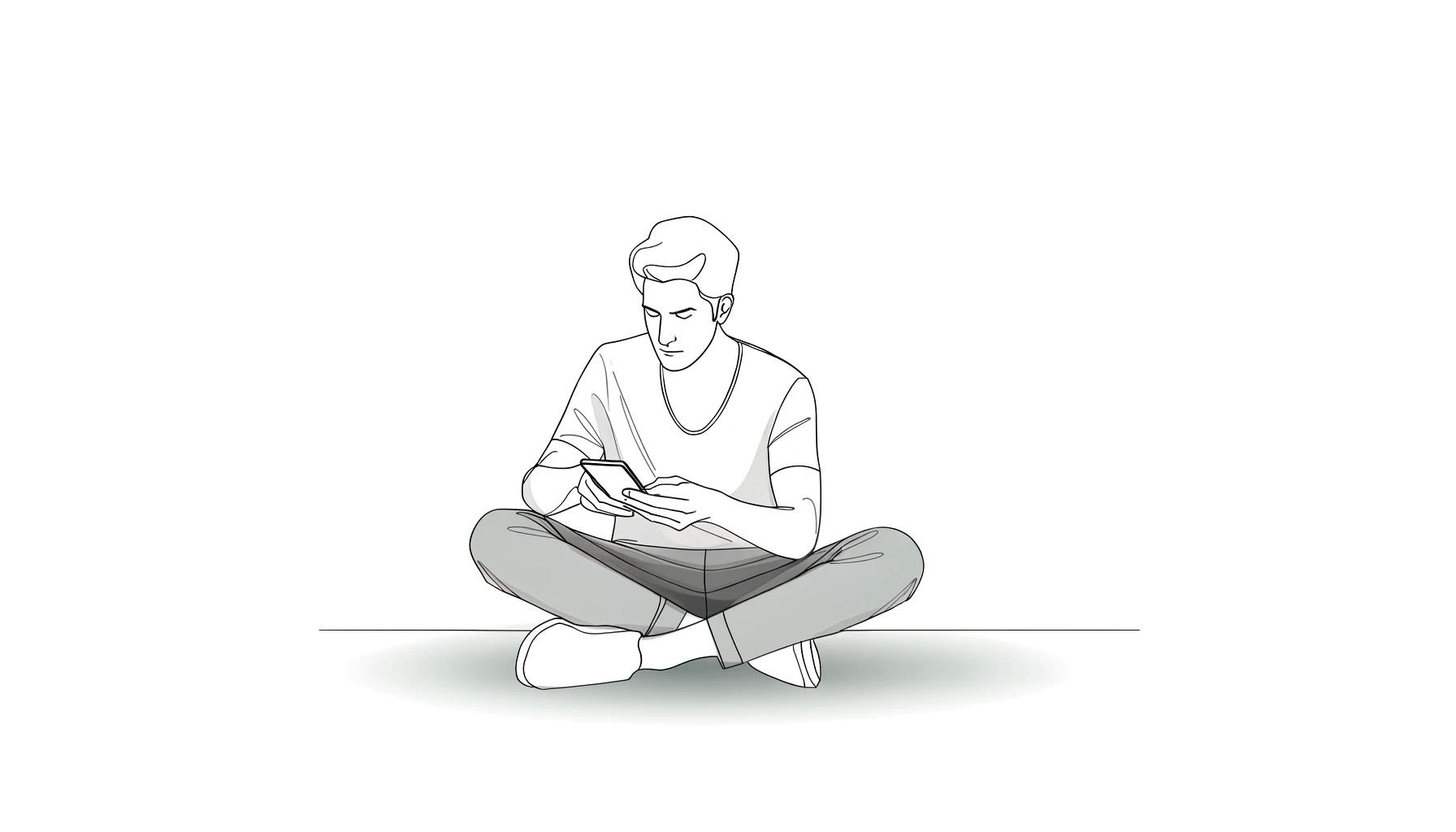 A wireframe of a man sitting crossed legged on the ground looking at Tinder and feeling the apps' effect on his self esteem