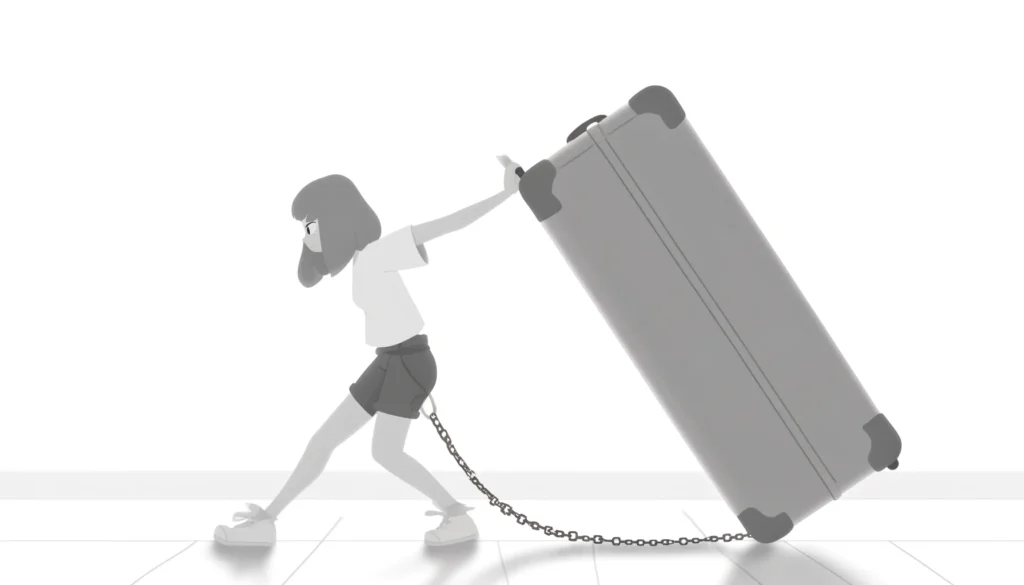 Woman struggling to move her baggage along the ground, representing dating with trauma