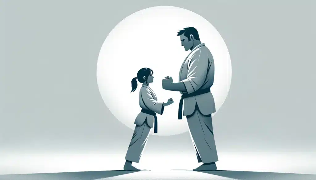 A small woman practicing karate next to a much larger man demonstrating what is a power dynamic for psychological self defense