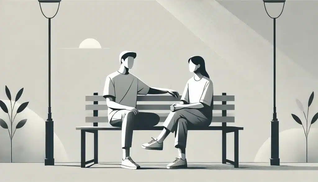 This image features a minimalist grayscale digital illustration of two friends sitting on a park bench in contemporary casual clothing, engaged in a relaxed conversation. The background is light and simple, creating a clear atmosphere with soft shadows. The figures are centered with a 30% margin of white space that gradually fades into the content of the image, leaving negative space around the subjects. The overall mood is calm and focused, making it ideal for a thumbnail image about friendship tips. This illustration captures the essence of friendship tips by showing a meaningful interaction between friends.