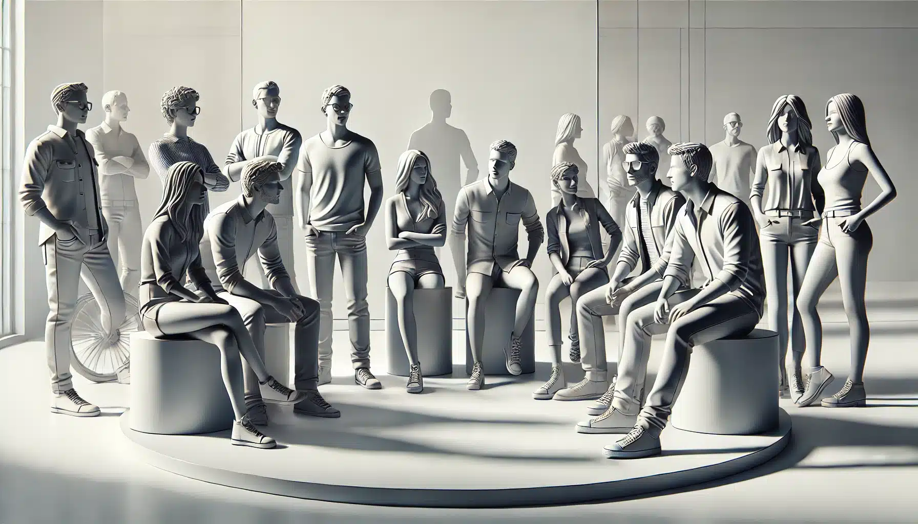 A grayscale digital illustration showing a group of people in contemporary casual clothing, displaying signs of groupthink.