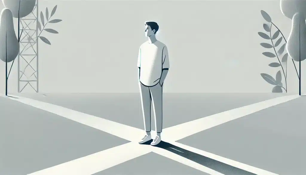 A person standing at a crossroads, symbolizing decision-making under influence