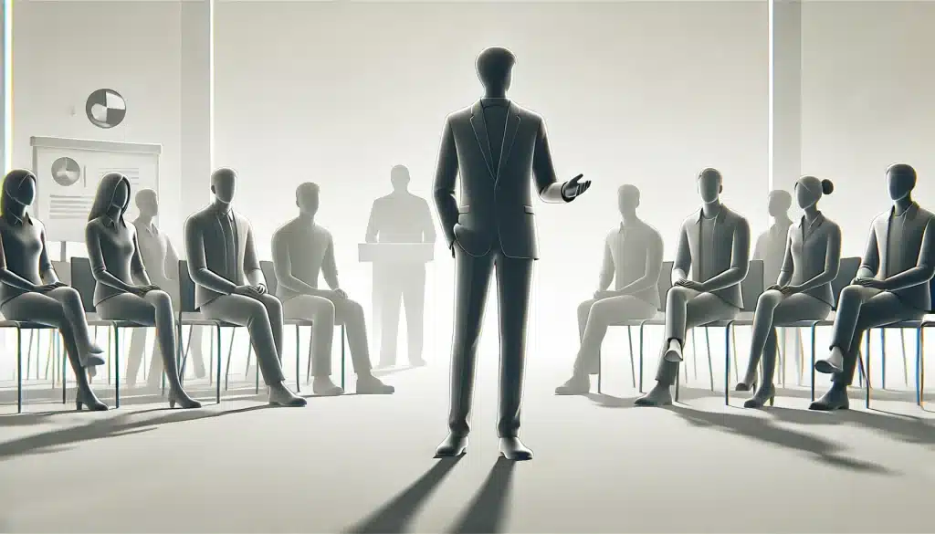 A person in contemporary casual clothing giving a speech to a panel. The person is standing and speaking confidently while the panel members sit and listen attentively. This image is suitable for representing leadership styles.