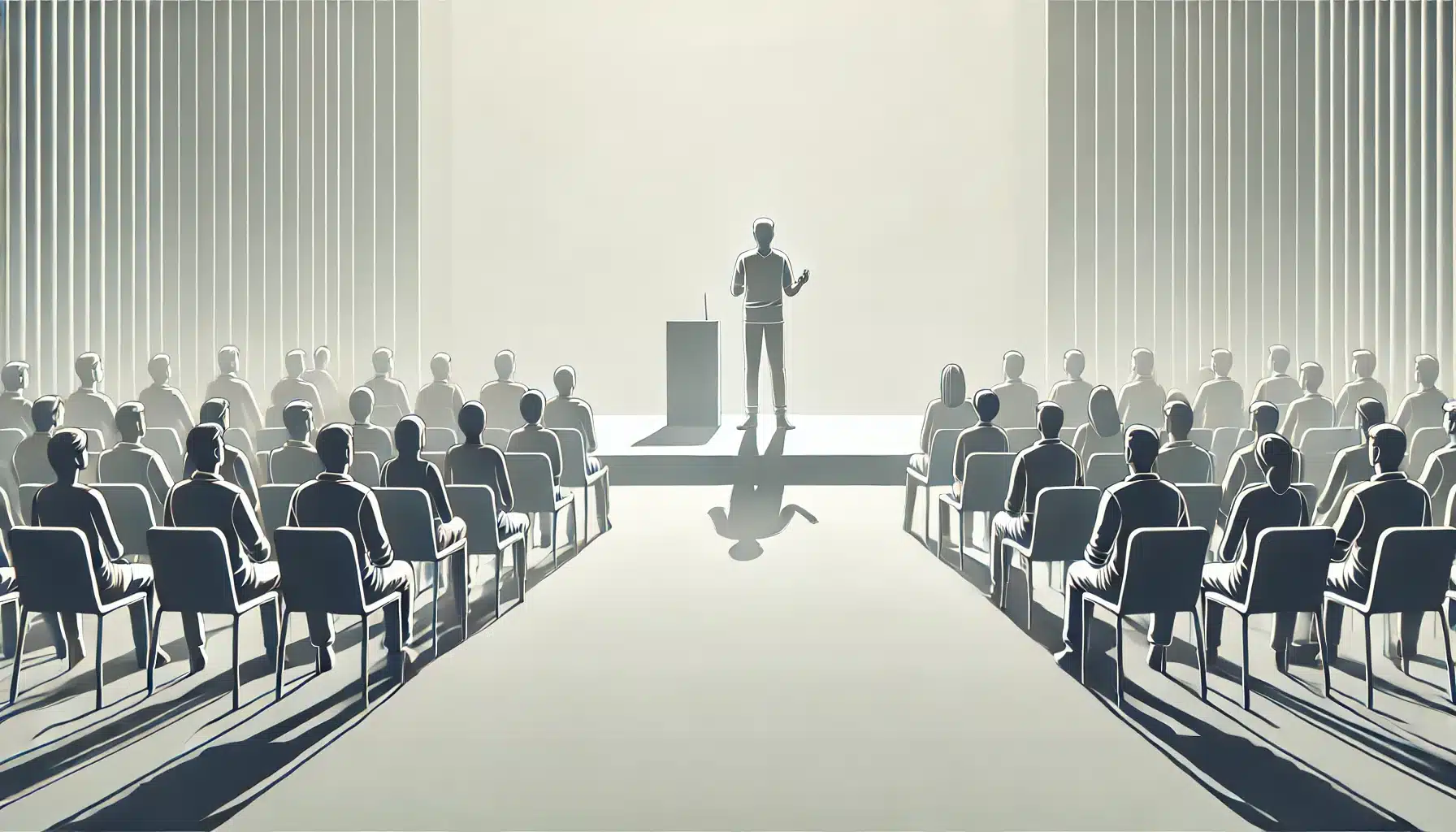 A person in contemporary casual clothing giving a public speaking speech in an auditorium. The person is standing on a stage, speaking confidently to an audience seated in rows. This image is suitable for representing leadership styles.