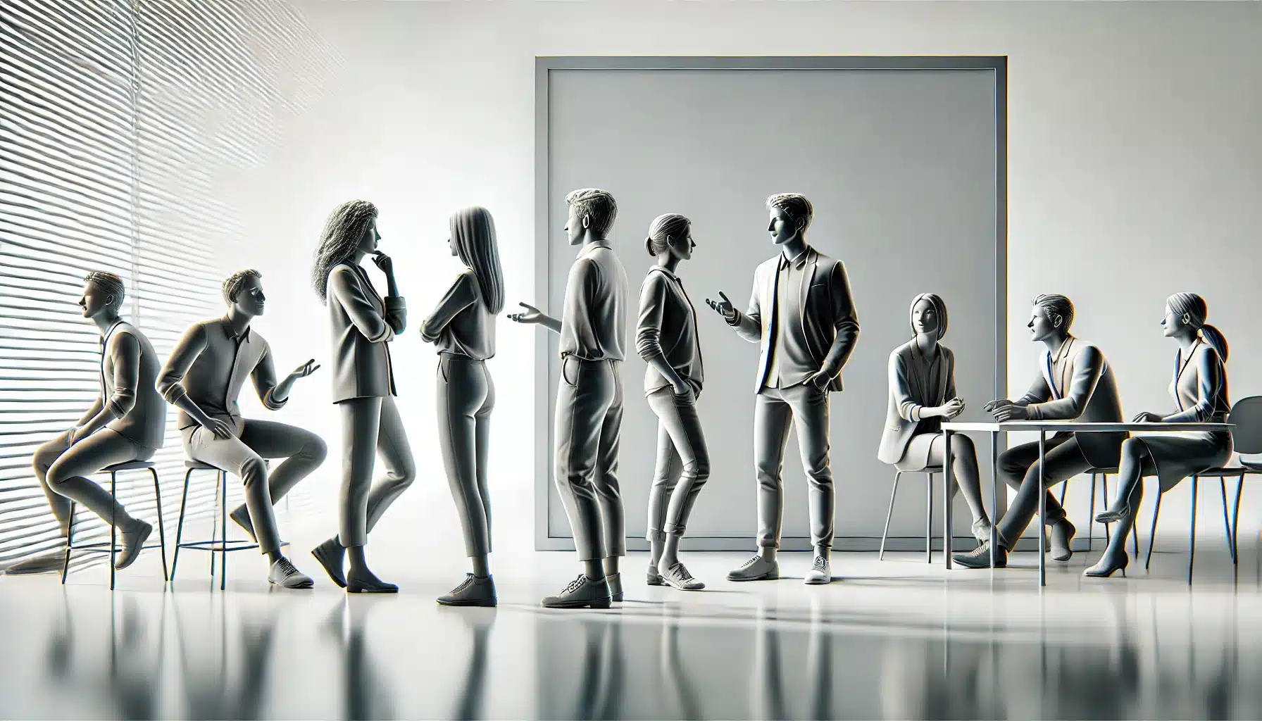 A grayscale digital illustration depicting a group of people in contemporary casual clothing, engaged in verbal communication. The figures are in relaxed poses, actively talking with expressive gestures and facial expressions, set against a light-filled, modern background. There is ample negative space around the subjects.