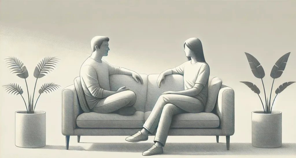 Two figures sit on a couch in a minimalist grayscale illustration, engaged in a calm conversation, symbolizing compromise in a relationship.