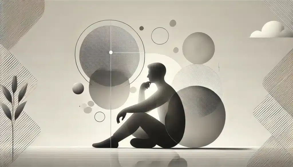 A grayscale digital illustration of a person seated and thinking deeply, surrounded by subtle, overlapping shapes and lines representing presuppositions. The background is light with soft shadows, creating a calm and focused atmosphere.