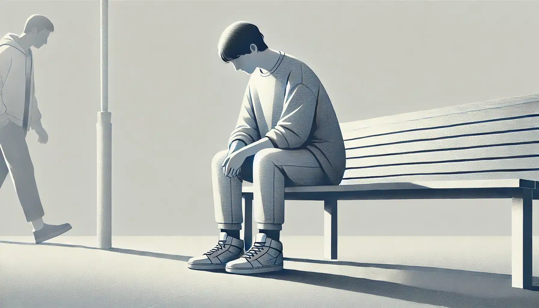 A grayscale illustration of a person sitting alone on a bench, hunched over and looking down, portraying passive aggression and victimization through body language of isolation and defeat.