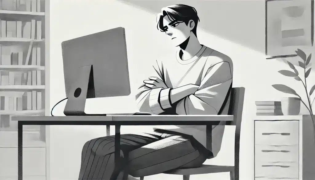 A grayscale illustration of a person sitting at a desk with crossed arms, subtly turned away from a computer screen, displaying passive-aggressive body language with a neutral expression.