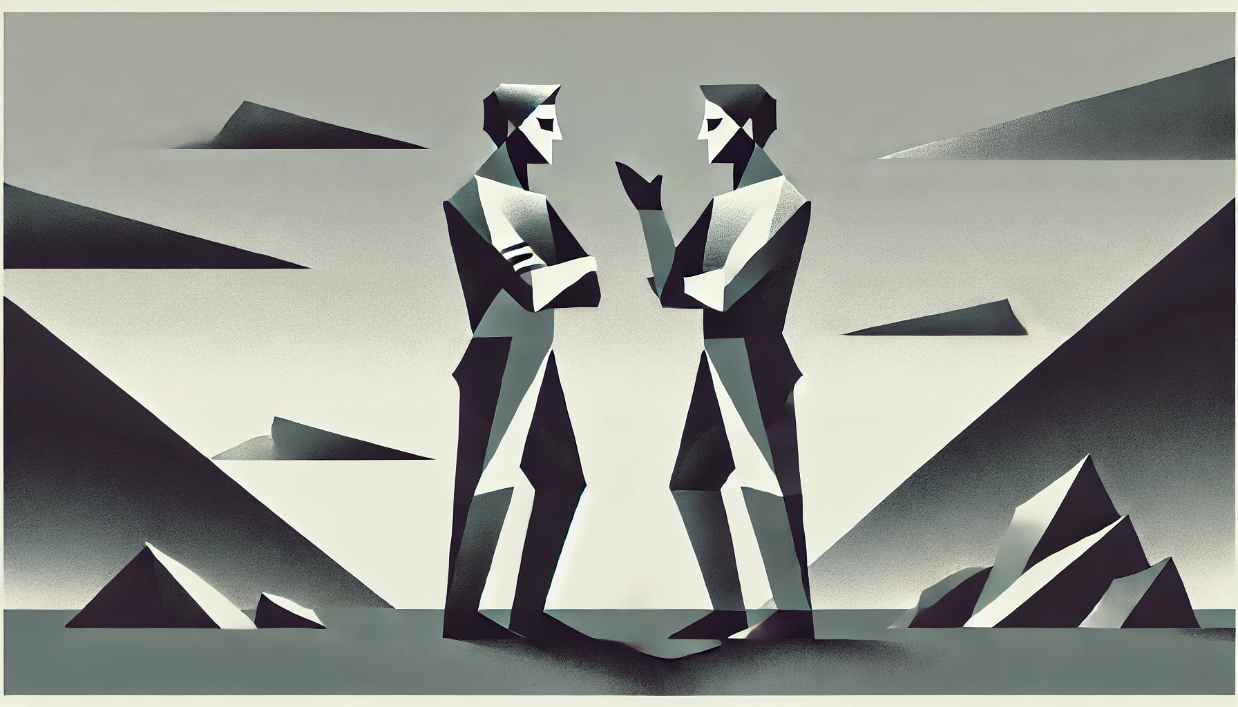 Minimalist greyscale illustration of two geometric human silhouettes using conflict resolution to solve a tense argument, set against a flat grey background with a subtle dark forest green accent.